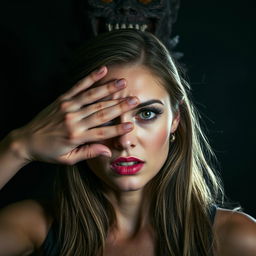 A beautiful woman with an expression of fear on her face, covering her left eye with one hand