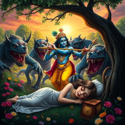 A dynamic and vivid depiction of Lord Krishna battling a group of mythical monsters in a lush forest setting