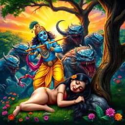A dynamic and vivid depiction of Lord Krishna battling a group of mythical monsters in a lush forest setting