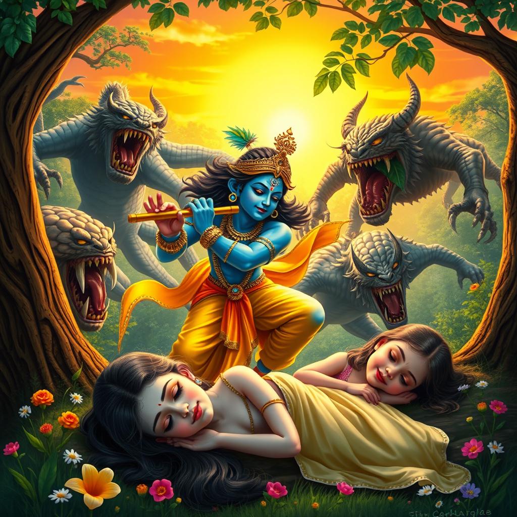 A dynamic and vivid depiction of Lord Krishna battling a group of mythical monsters in a lush forest setting