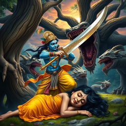 An epic scene featuring Lord Krishna in combat with fierce mythical monsters, wielding a gleaming sword with intricate engravings