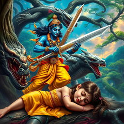 An epic scene featuring Lord Krishna in combat with fierce mythical monsters, wielding a gleaming sword with intricate engravings