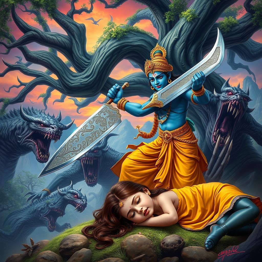 An epic scene featuring Lord Krishna in combat with fierce mythical monsters, wielding a gleaming sword with intricate engravings