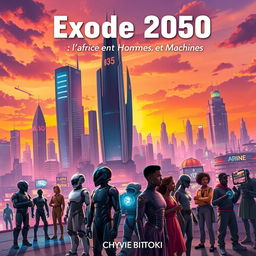 A captivating science fiction book cover for 'Exode 2050: l'Afrique entre Hommes et Machines' by Chyvie BITOKI