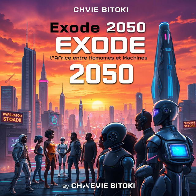 A captivating science fiction book cover for 'Exode 2050: l'Afrique entre Hommes et Machines' by Chyvie BITOKI