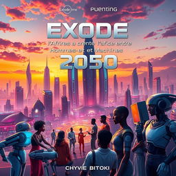 A captivating science fiction book cover for 'Exode 2050: l'Afrique entre Hommes et Machines' by Chyvie BITOKI