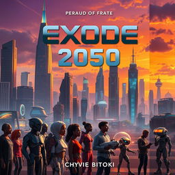 A captivating science fiction book cover for 'Exode 2050: l'Afrique entre Hommes et Machines' by Chyvie BITOKI