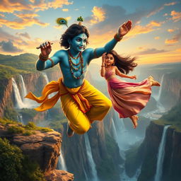 A breathtaking scene where Lord Krishna is depicted in a dramatic rescue, catching a beautiful young girl just as she is about to fall over a cliff
