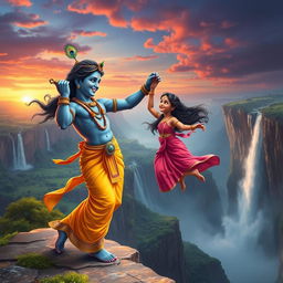A breathtaking scene where Lord Krishna is depicted in a dramatic rescue, catching a beautiful young girl just as she is about to fall over a cliff