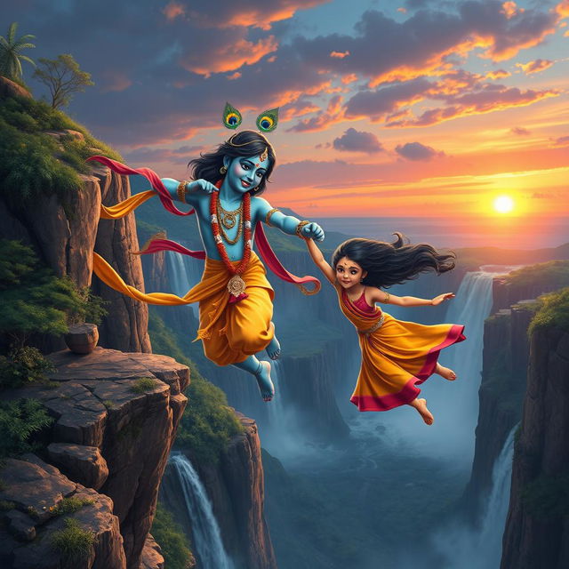 A breathtaking scene where Lord Krishna is depicted in a dramatic rescue, catching a beautiful young girl just as she is about to fall over a cliff