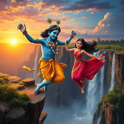 A breathtaking scene where Lord Krishna is depicted in a dramatic rescue, catching a beautiful young girl just as she is about to fall over a cliff