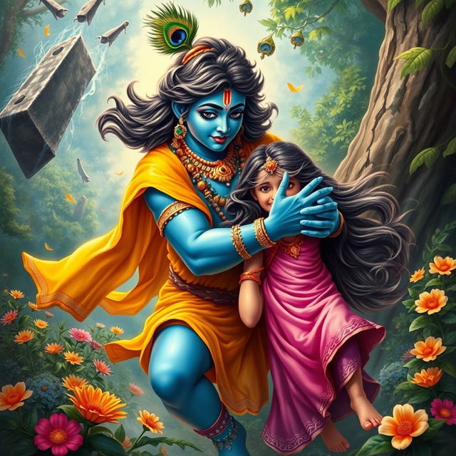 A captivating scene of Lord Krishna in a heroic pose, saving a young girl from potential injury