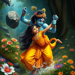 A captivating scene of Lord Krishna in a heroic pose, saving a young girl from potential injury