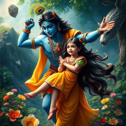 A captivating scene of Lord Krishna in a heroic pose, saving a young girl from potential injury