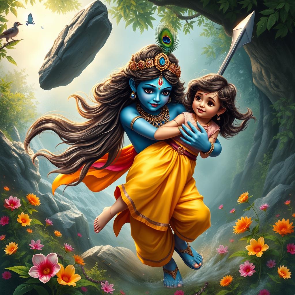 A captivating scene of Lord Krishna in a heroic pose, saving a young girl from potential injury