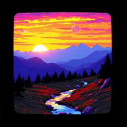A pixel art landscape captured as if filmed on an old VHS camera, featuring a stunning view of mountains and a small river flowing through the scene during sunset