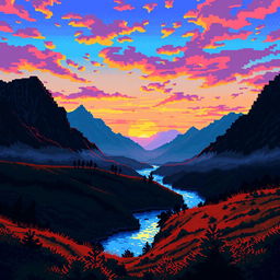 A pixel art landscape captured as if filmed on an old VHS camera, featuring a stunning view of mountains and a small river flowing through the scene during sunset