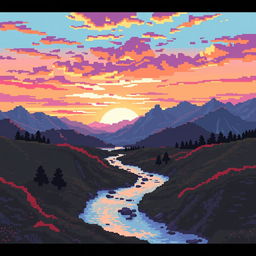 A pixel art landscape captured as if filmed on an old VHS camera, featuring a stunning view of mountains and a small river flowing through the scene during sunset