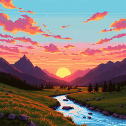 A pixel art landscape captured as if filmed on an old VHS camera, featuring a stunning view of mountains and a small river flowing through the scene during sunset