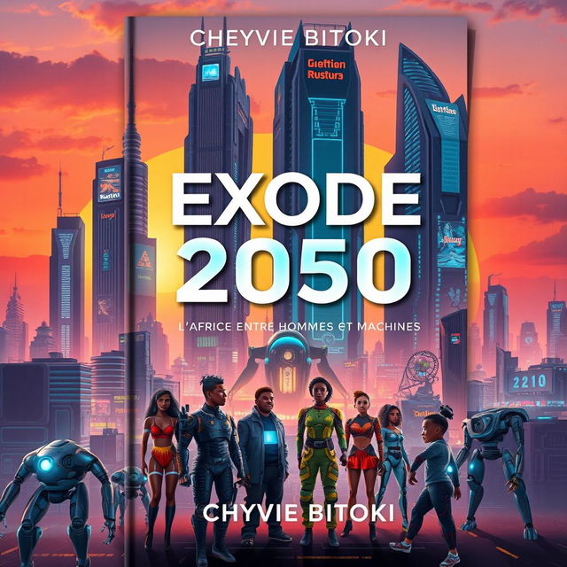 A striking science fiction book cover for 'Exode 2050: l'Afrique entre Hommes et Machines' by Chyvie BITOKI