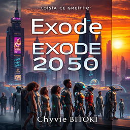 A striking science fiction book cover for 'Exode 2050: l'Afrique entre Hommes et Machines' by Chyvie BITOKI