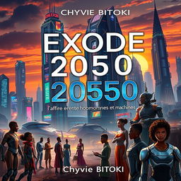 A striking science fiction book cover for 'Exode 2050: l'Afrique entre Hommes et Machines' by Chyvie BITOKI