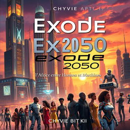 A striking science fiction book cover for 'Exode 2050: l'Afrique entre Hommes et Machines' by Chyvie BITOKI