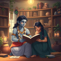A warm and intimate scene featuring Lord Krishna sitting beside a young woman in a cozy study room filled with books and scrolls