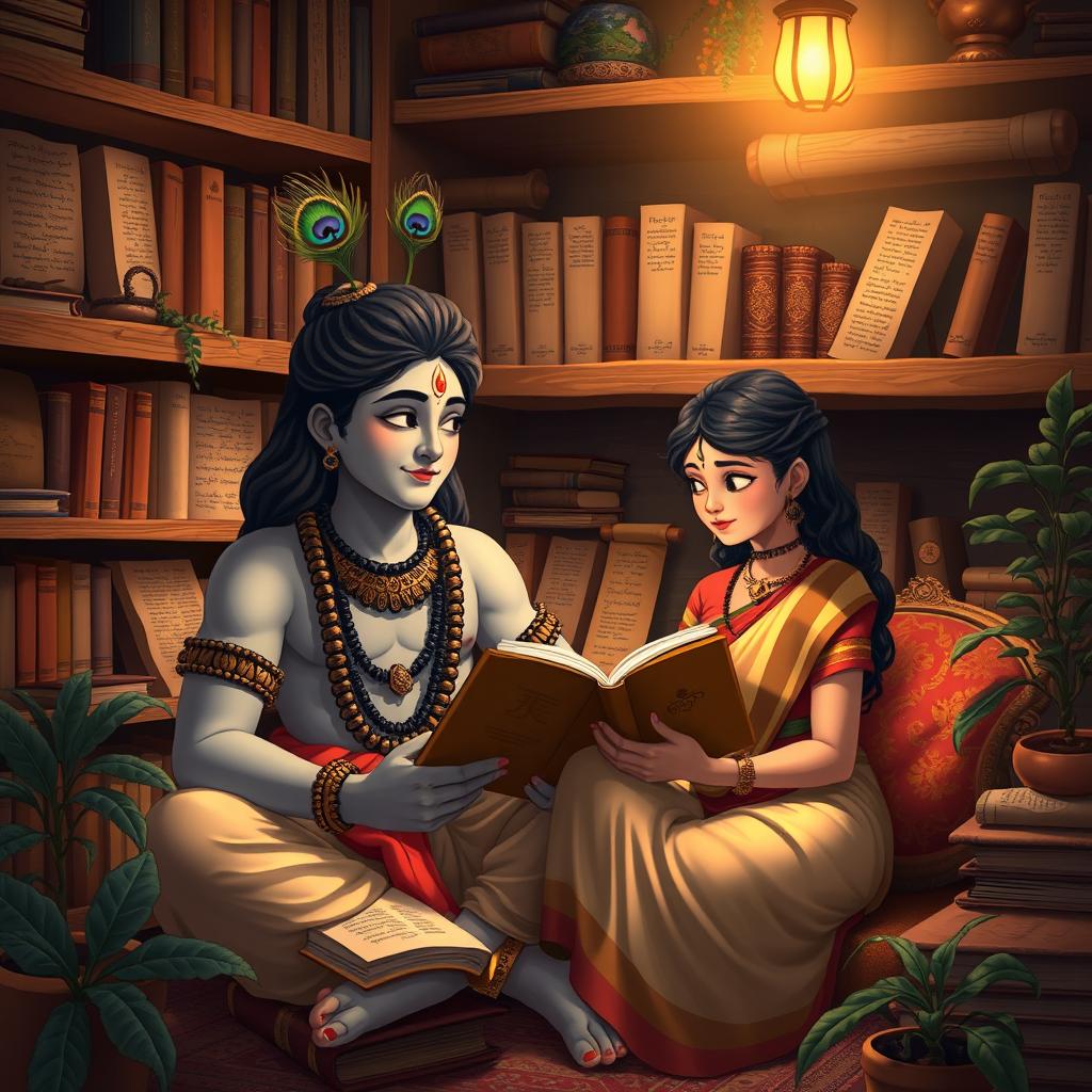 A warm and intimate scene featuring Lord Krishna sitting beside a young woman in a cozy study room filled with books and scrolls