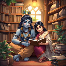 A warm and intimate scene featuring Lord Krishna sitting beside a young woman in a cozy study room filled with books and scrolls