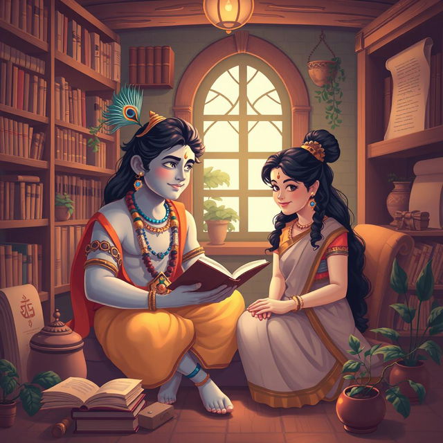 A warm and intimate scene featuring Lord Krishna sitting beside a young woman in a cozy study room filled with books and scrolls