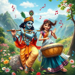 An enchanting scene featuring Lord Krishna playing his flute, radiating joy and charm, while a young woman energetically plays traditional drums beside him