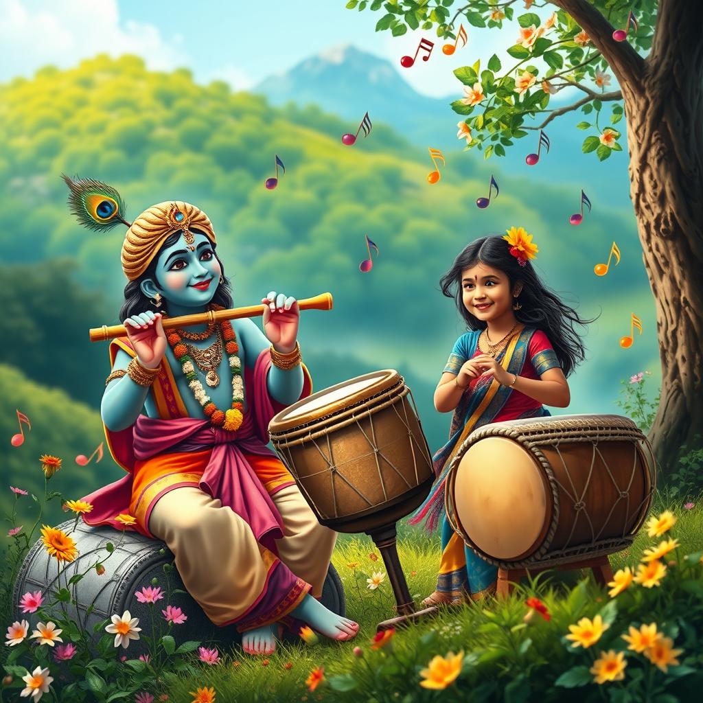 An enchanting scene featuring Lord Krishna playing his flute, radiating joy and charm, while a young woman energetically plays traditional drums beside him