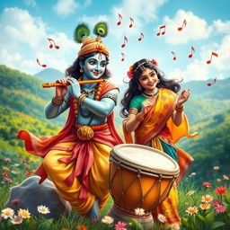 An enchanting scene featuring Lord Krishna playing his flute, radiating joy and charm, while a young woman energetically plays traditional drums beside him