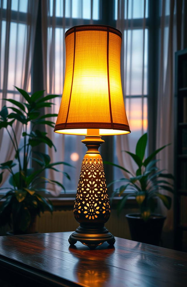 A beautifully designed lamp that radiates warm and inviting light, standing majestically on an elegant wooden table