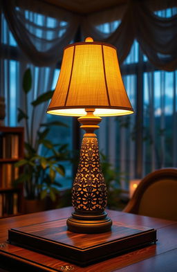 A beautifully designed lamp that radiates warm and inviting light, standing majestically on an elegant wooden table
