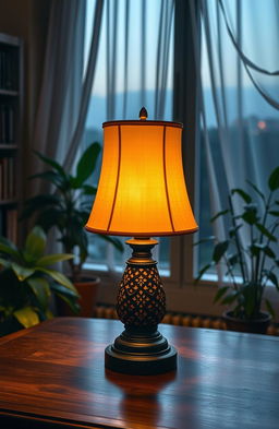 A beautifully designed lamp that radiates warm and inviting light, standing majestically on an elegant wooden table