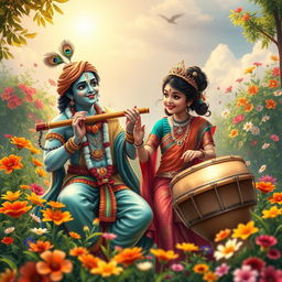 A captivating scene depicting Lord Krishna playing his flute, exuding divine charm and joy, while a young woman energetically plays traditional drums beside him