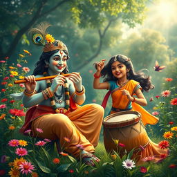 A captivating scene depicting Lord Krishna playing his flute, exuding divine charm and joy, while a young woman energetically plays traditional drums beside him