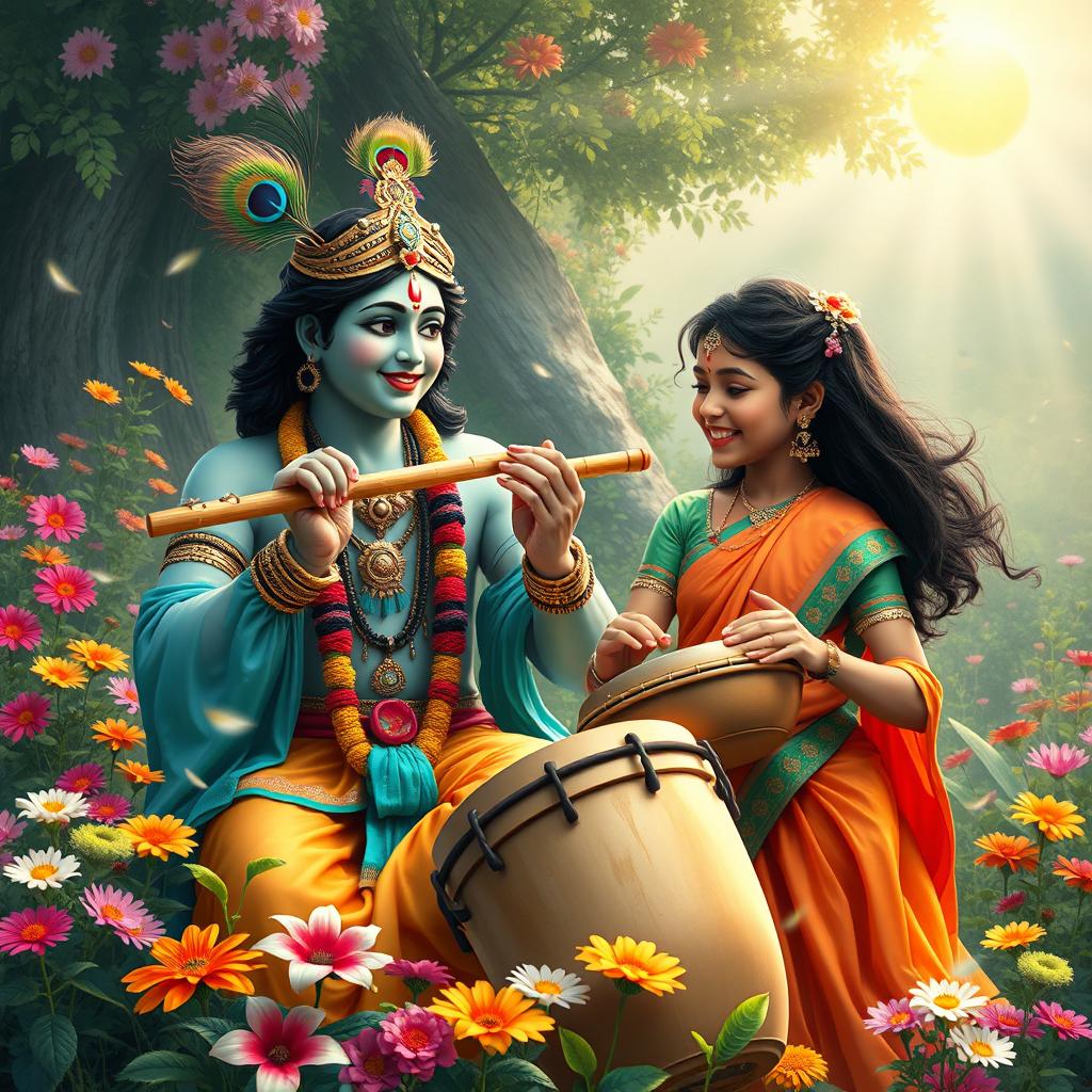 A captivating scene depicting Lord Krishna playing his flute, exuding divine charm and joy, while a young woman energetically plays traditional drums beside him