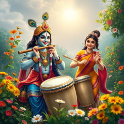 A captivating scene depicting Lord Krishna playing his flute, exuding divine charm and joy, while a young woman energetically plays traditional drums beside him