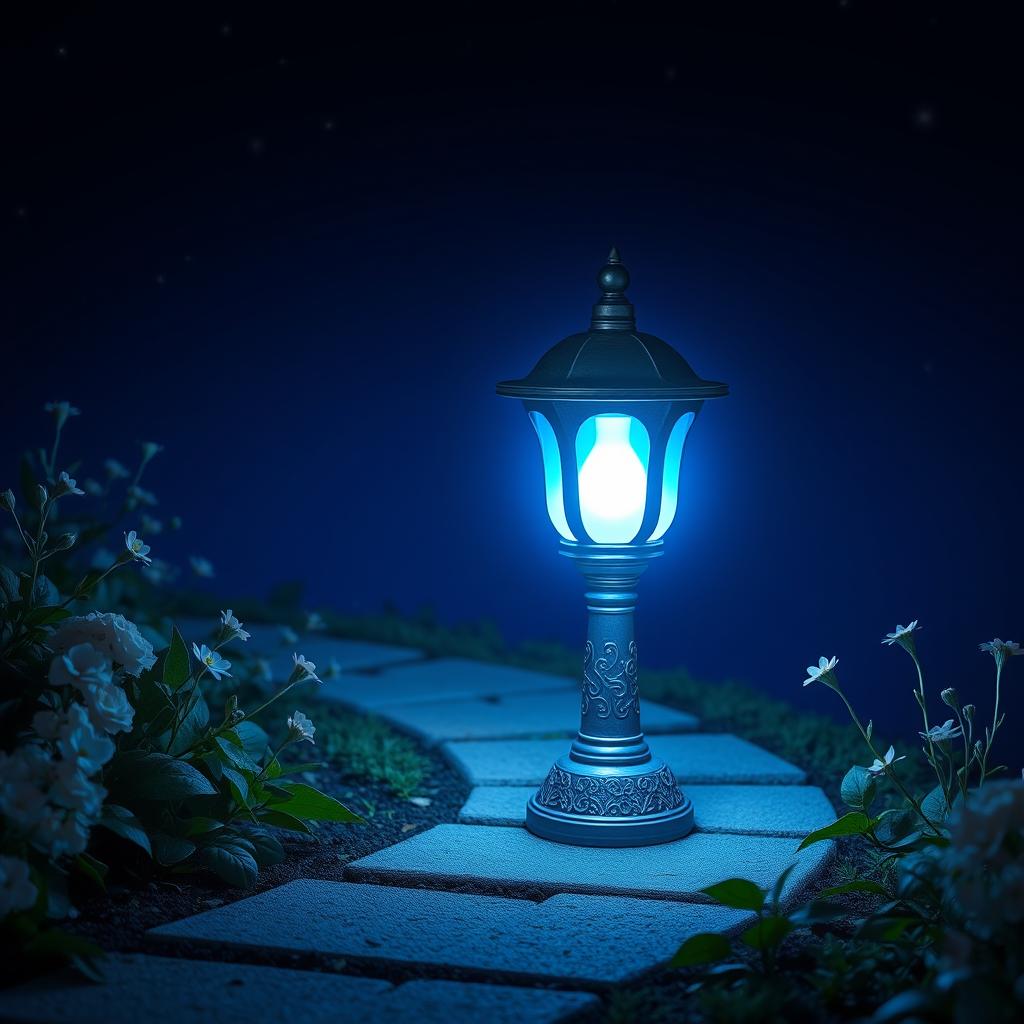 A beautifully designed lamp glowing with a soft blue light, placed strategically along a winding garden path