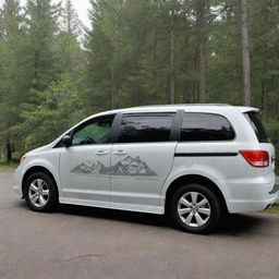 Create a personalized, predominantly monochrome decal for a minivan, reflecting a love for outdoor adventure through simple, elegant, and possibly luxurious abstract or symbolic designs