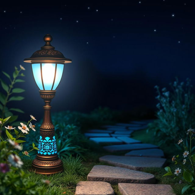 A beautifully designed lamp glowing with a soft blue light, placed strategically along a winding garden path