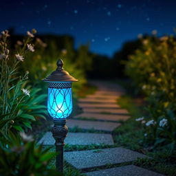 A beautifully designed lamp glowing with a soft blue light, placed strategically along a winding garden path