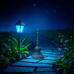 A beautifully designed lamp glowing with a soft blue light, placed strategically along a winding garden path