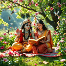A picturesque outdoor scene featuring Lord Krishna and a young woman studying together in a lush garden filled with blooming flowers and vibrant greenery