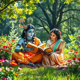 A picturesque outdoor scene featuring Lord Krishna and a young woman studying together in a lush garden filled with blooming flowers and vibrant greenery