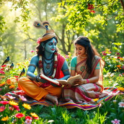 A picturesque outdoor scene featuring Lord Krishna and a young woman studying together in a lush garden filled with blooming flowers and vibrant greenery