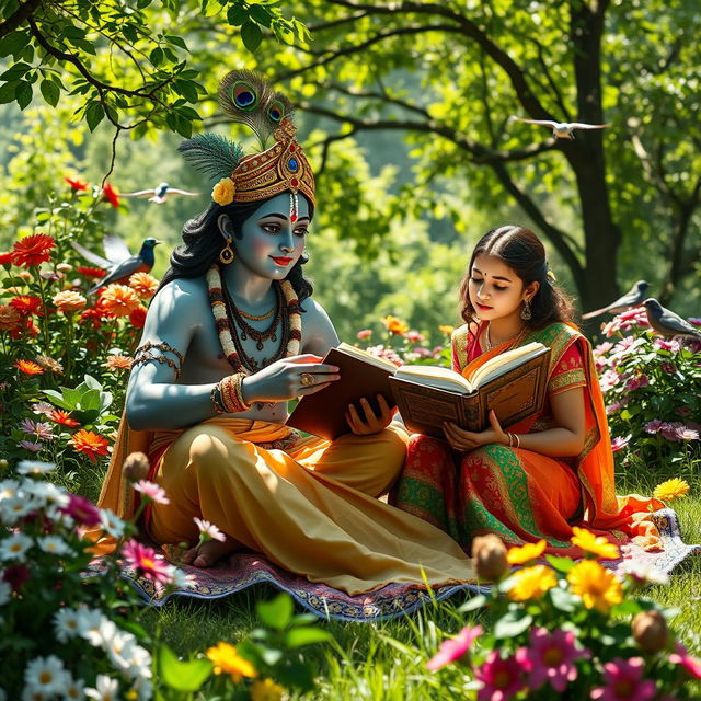 A picturesque outdoor scene featuring Lord Krishna and a young woman studying together in a lush garden filled with blooming flowers and vibrant greenery